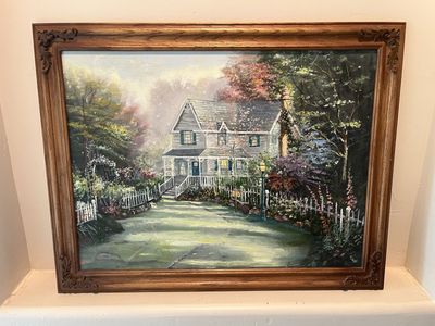 Thomas Kinkade Victorian Garden II - God Bless Our Home – Framed Print, beautiful wood frame, the dimensions are 27 1/2 inches l