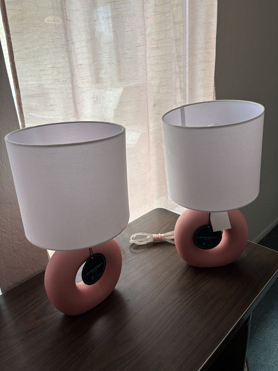 Cynthia Rowley Donut Table Lamps (Pair) - Pink Ceramic Base, White Fabric Shade