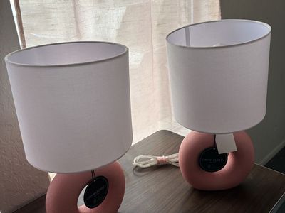 Cynthia Rowley Donut Table Lamps (Pair) - Pink Ceramic Base, White Fabric Shade