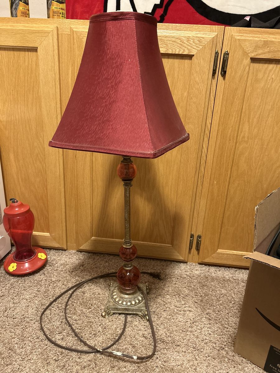 Vintage Brass & Ruby Red Glass Table Lamp with Square Shade