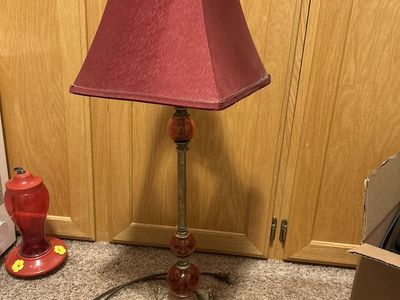 Vintage Brass & Ruby Red Glass Table Lamp with Square Shade