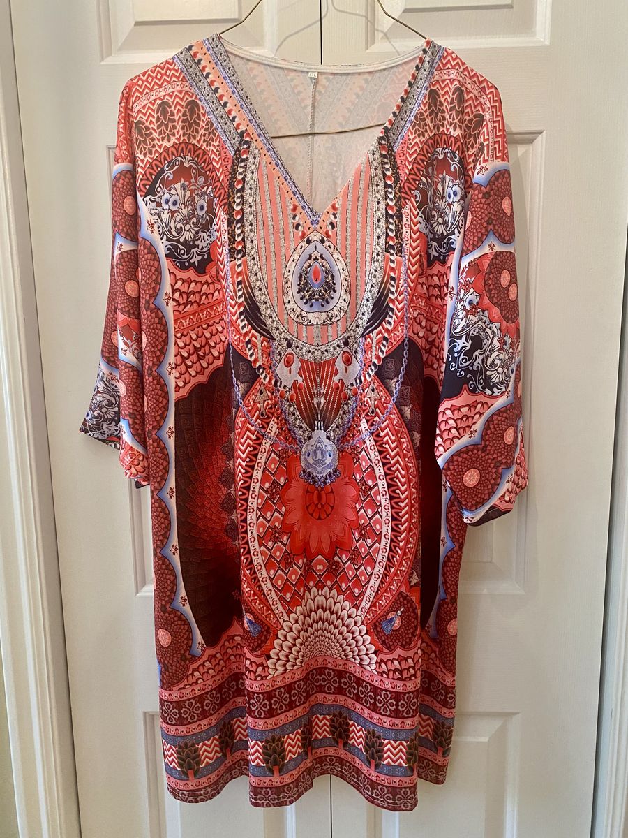 NEW! Women's Size 2XL Boho Printed V-Neck Tunic Dress Kaftan - C PIX