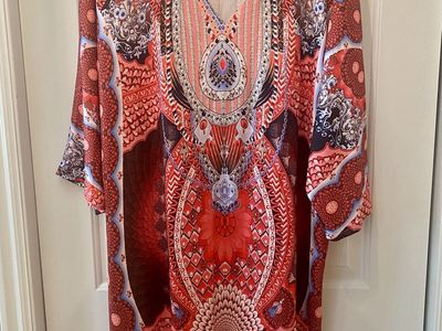 NEW! Women's Size 2XL Boho Printed V-Neck Tunic Dress Kaftan - C PIX