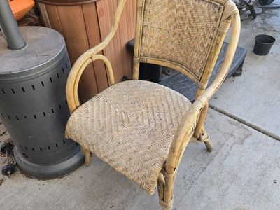 Two Vintage Rattan Woven Patio Dining Chairs - Natural Finish