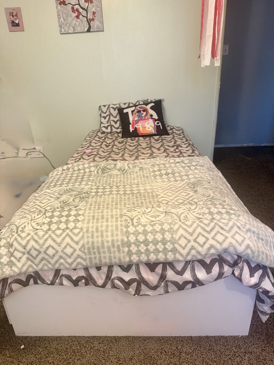 Twin Size Platform Bed with Storage Drawers - White Wood Frame