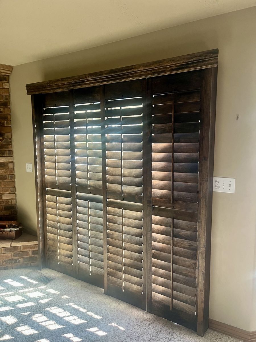 Custom Dark Wood Plantation Shutters for Sliding Glass Door - Bi-Fold Style, Excellent Condition