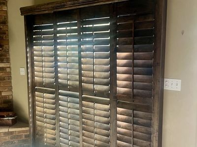 Custom Dark Wood Plantation Shutters for Sliding Glass Door - Bi-Fold Style, Excellent Condition