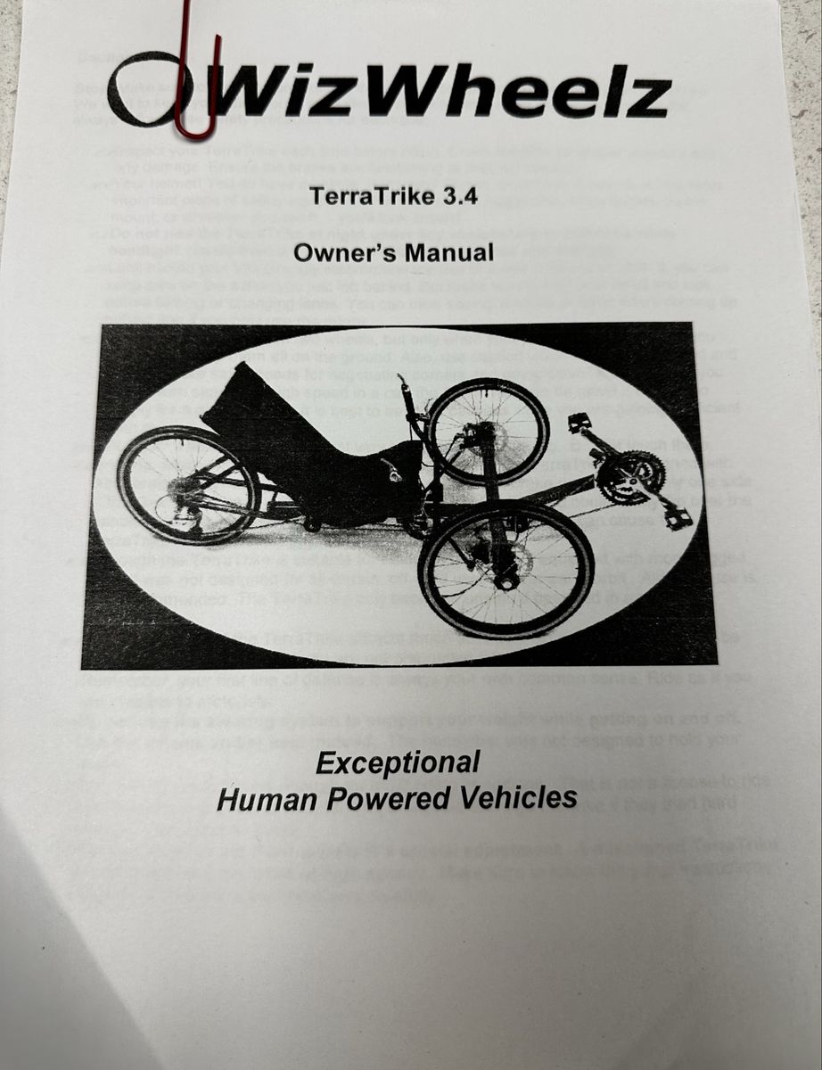 WizWheelz TerraTrike 3.4 Recumbent Tricycle - Owner's Manual Included