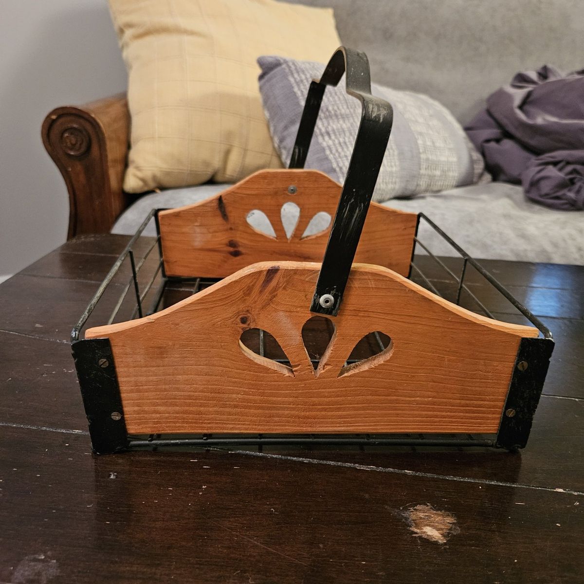Square wood/black metal basket with cut outs