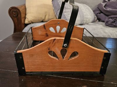 Square wood/black metal basket with cut outs
