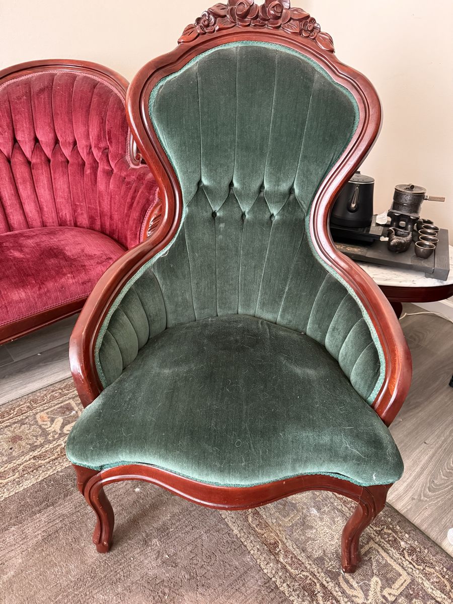Victorian Style Green Velvet Accent Chairs (Set of 2) & Red Velvet Couch - Good Condition