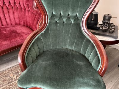 Victorian Style Green Velvet Accent Chairs (Set of 2) & Red Velvet Couch - Good Condition