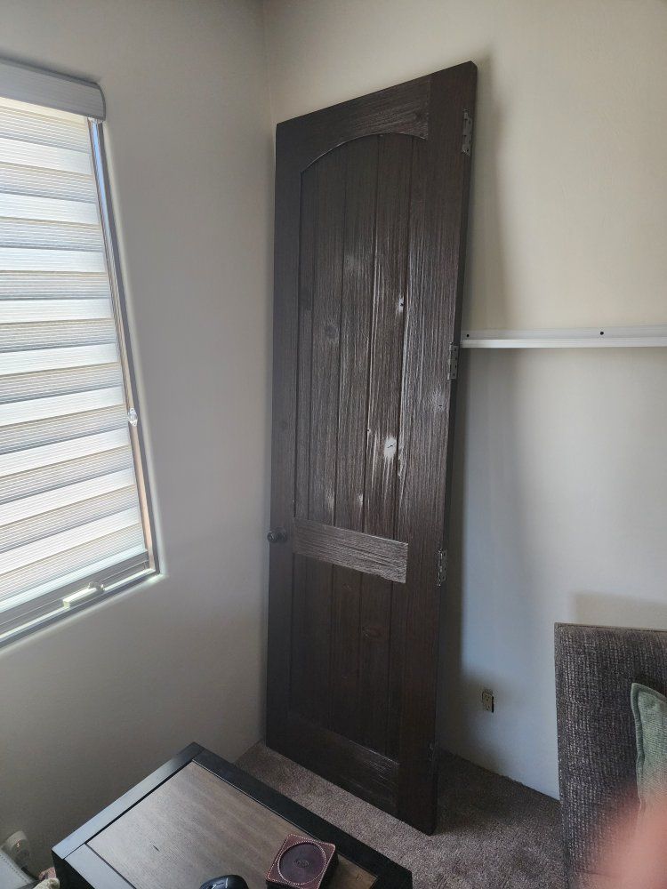 Two 8' Rustic Dark Wood Interior Doors - Arched Top, Paneled Design (Handle/Pin Pad Included)