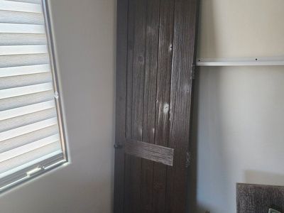 Two 8' Rustic Dark Wood Interior Doors - Arched Top, Paneled Design (Handle/Pin Pad Included)