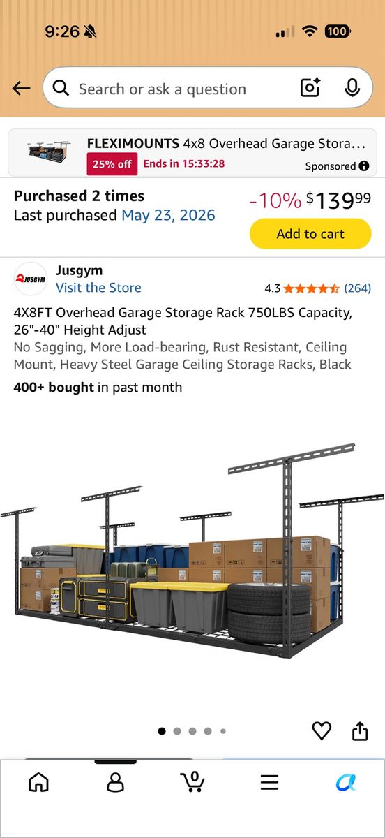 Jusgym 4x8ft Overhead Garage Storage Rack - 750lbs Capacity, 26-40" Height Adjust, Black Steel