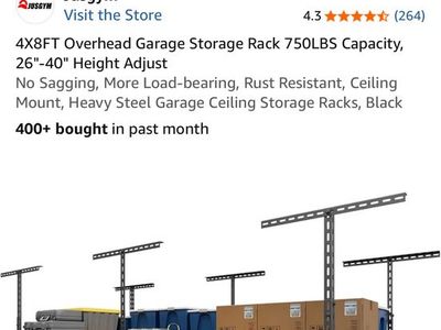 Jusgym 4x8ft Overhead Garage Storage Rack - 750lbs Capacity, 26-40" Height Adjust, Black Steel