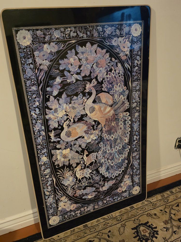 Korean Chinoiserie Screenprint, Peacock Low Folding Tea Table