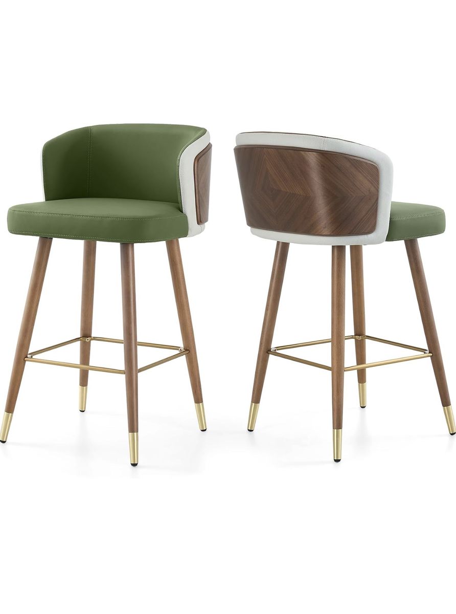 Modern Bar Stools Set of 2, Faux Leather Upholstered Bar Stools with Walnut Wood Frame