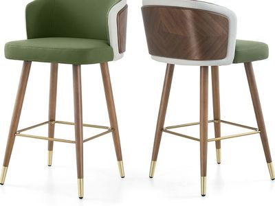 Modern Bar Stools Set of 2, Faux Leather Upholstered Bar Stools with Walnut Wood Frame