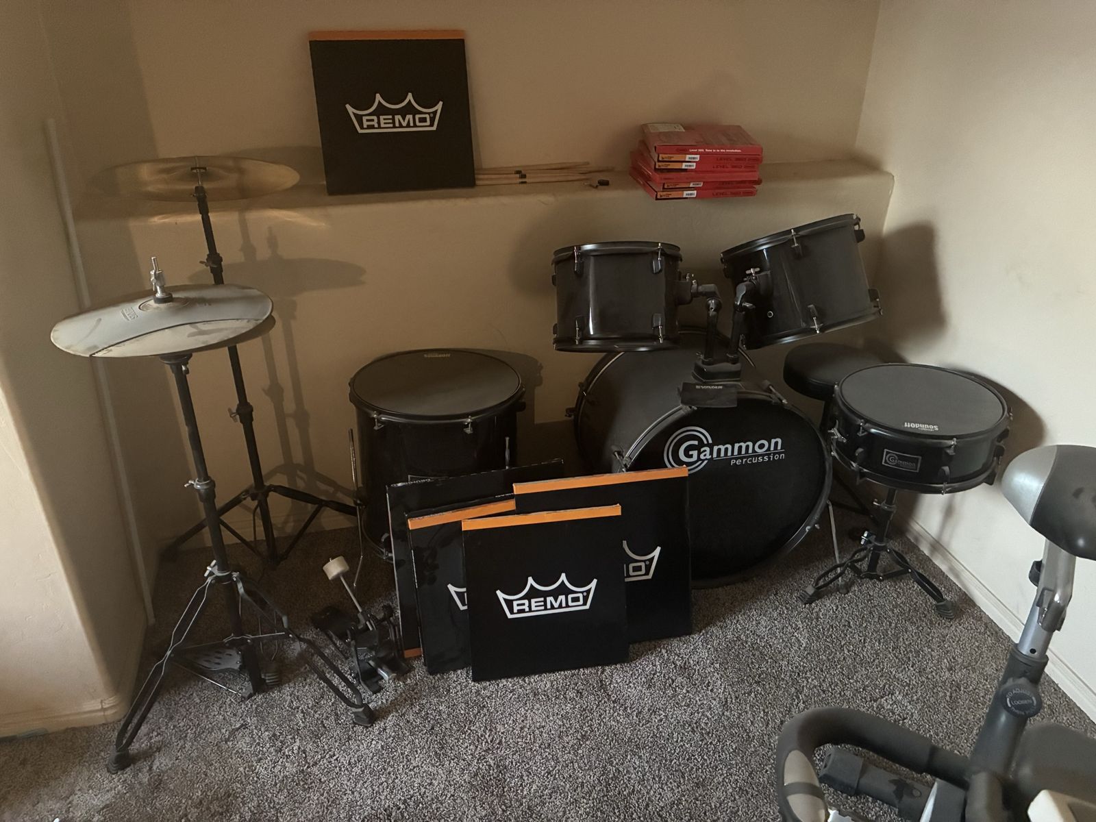 Gammon Percussion 5-Piece Full-Size Drum Set with Remo Mutes(to play quietly, if necessary), extra drum heads:)