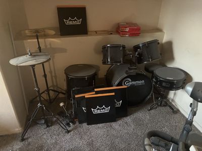 Gammon Percussion 5-Piece Full-Size Drum Set with Remo Mutes(to play quietly, if necessary), extra drum heads:)