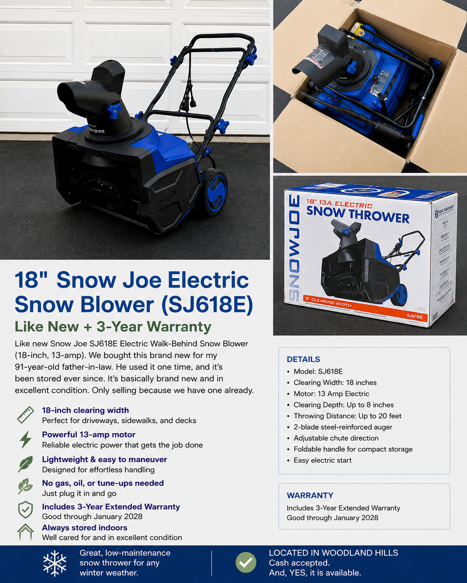 Snow Joe SJ618E 18" Electric Snow Blower – Like New – Warranty Through 2028