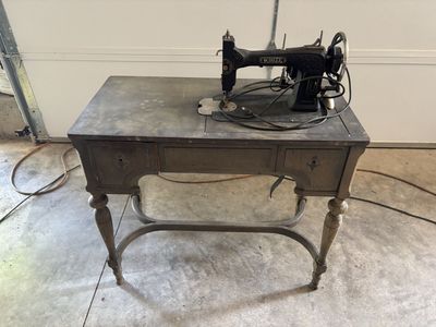 Vintage White Rotary Electric Sewing Machine with Cabinet