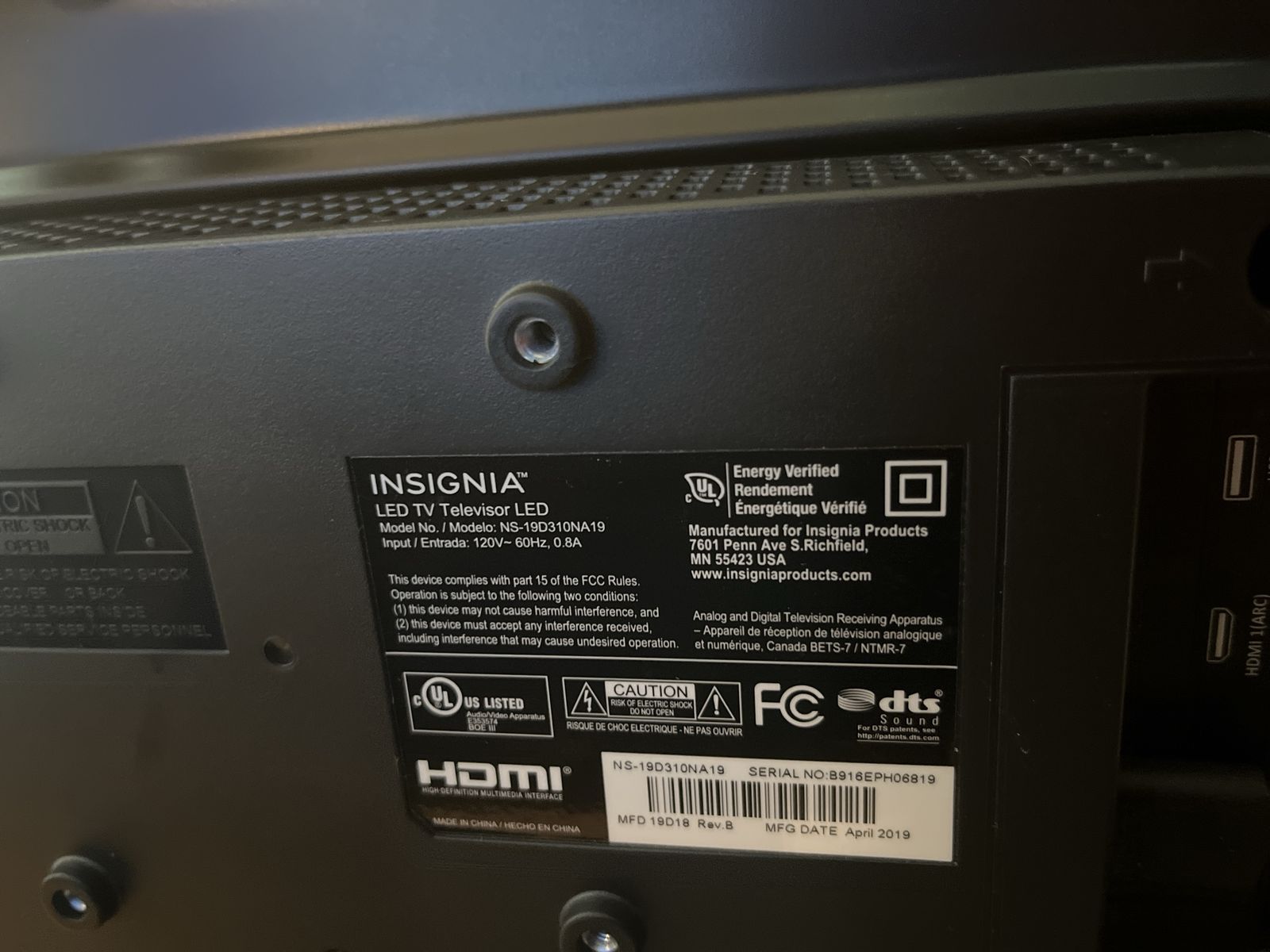 Insignia 19 inch LED TV