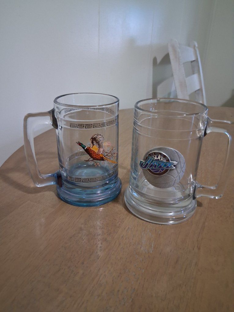 Vintage Glass Beer Mugs - Pheasant & Utah Jazz Collectible Steins Set of 2