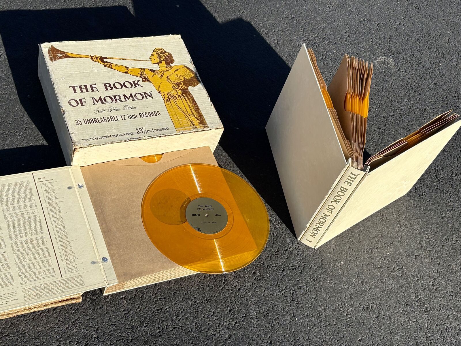 Vintage Book of Mormon golden vinyl LP records volume 1 and 2 mid century