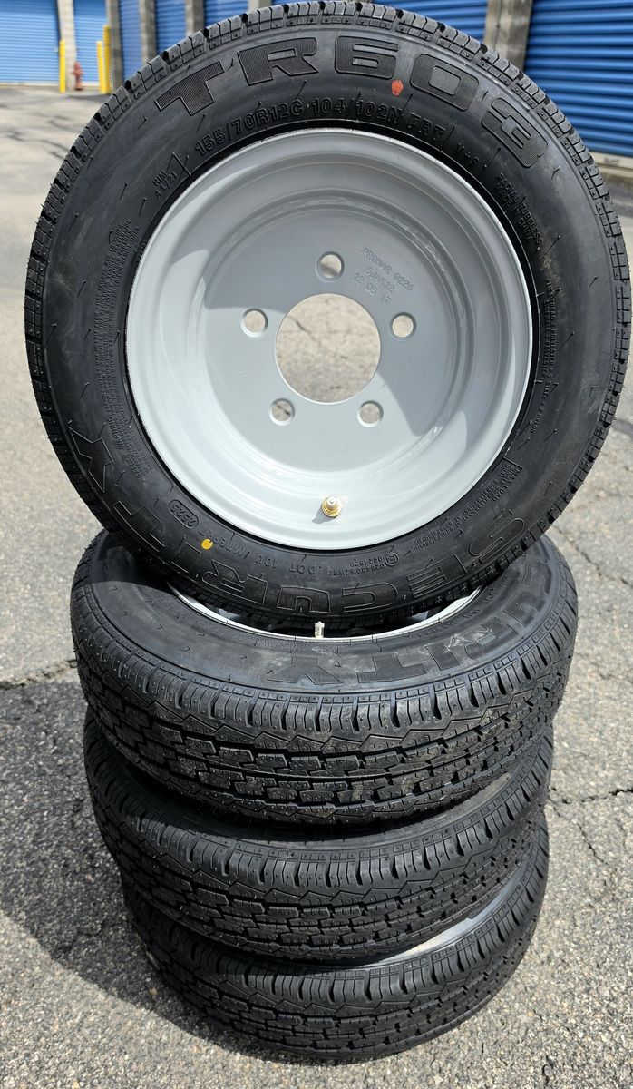 New Set of 4 Trailer Wheels, Rim Mounted - Security TR603 155/70R12C 104/102N M+S trailer tires