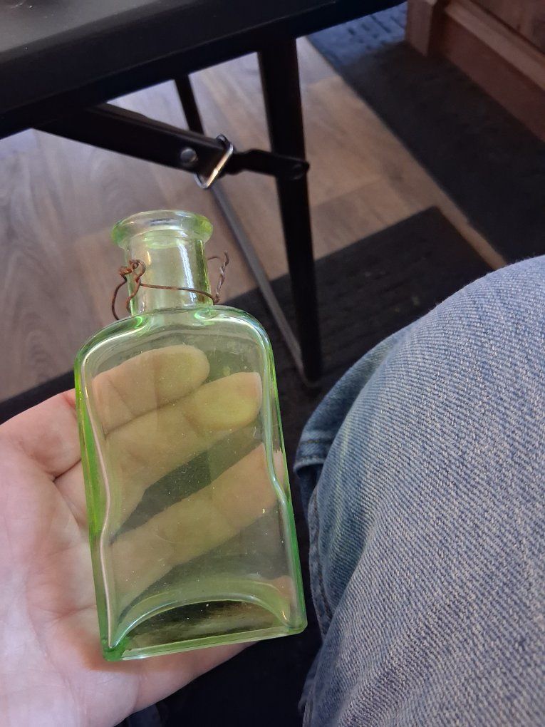 Vintage Small Green Glass Bottle with Wire Neck Detailing