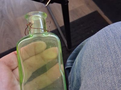 Vintage Small Green Glass Bottle with Wire Neck Detailing