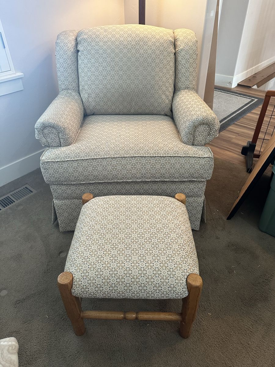 Upholstered Armchair with Matching Ottoman - Green/Cream Patterned Fabric