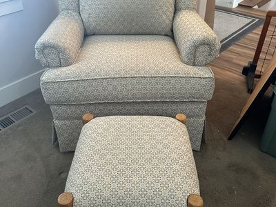 Upholstered Armchair with Matching Ottoman - Green/Cream Patterned Fabric