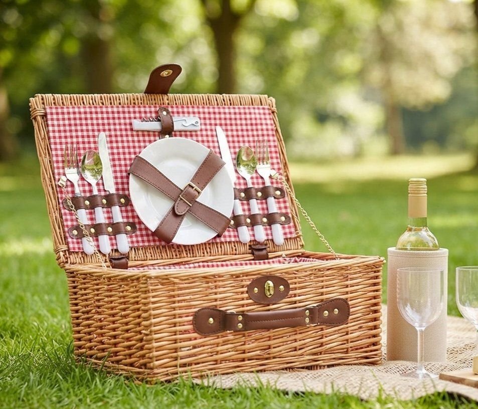 Wicker Picnic Basket with Insulated Red Checkered Cooler & Service for 2