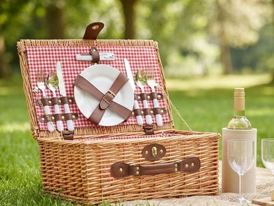 Wicker Picnic Basket with Insulated Red Checkered Cooler & Service for 2
