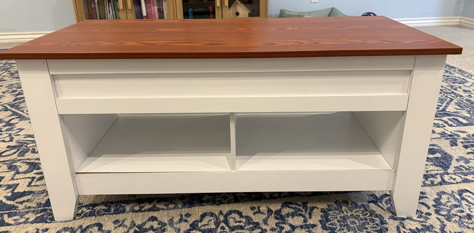 White Coffee Table with Lift Top & Storage Shelves - Wood Grain Top