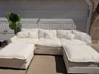 Large White Fabric Sectional Sofa with Two Matching Ottomans and Accent Pillows