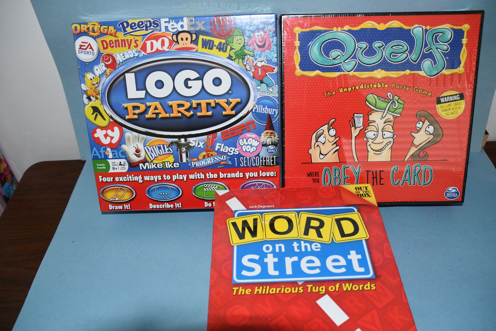 3 NEW, SEALED PARTY GAMES ~ QUELF, WORD ON THE STREET & LOGO PARTY ~ FUN GAMES!