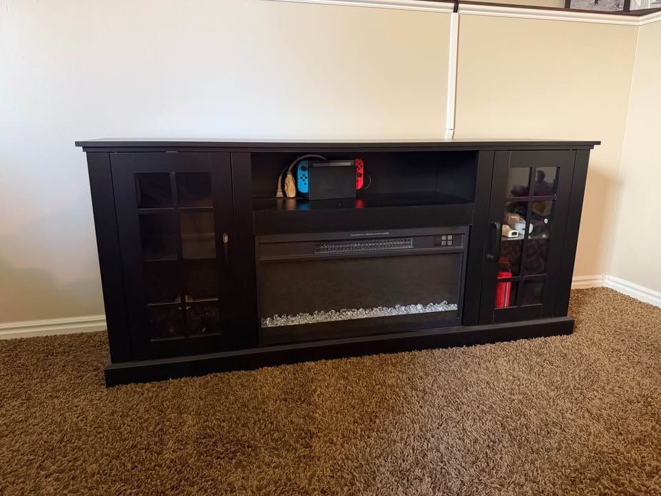 Black TV Stand with Electric Fireplace & Glass Cabinet Doors – 58”