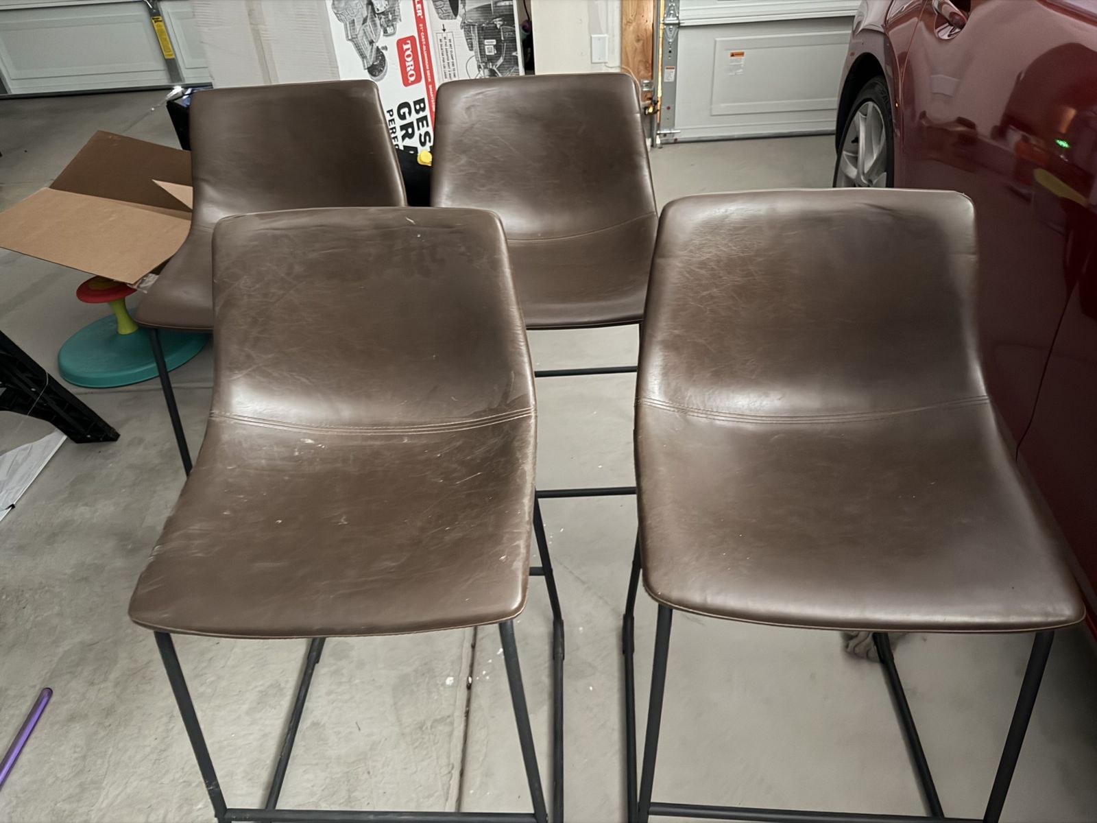 Set of 4 Brown Faux Leather Bar Stools with Black Metal Legs - Modern Counter Height