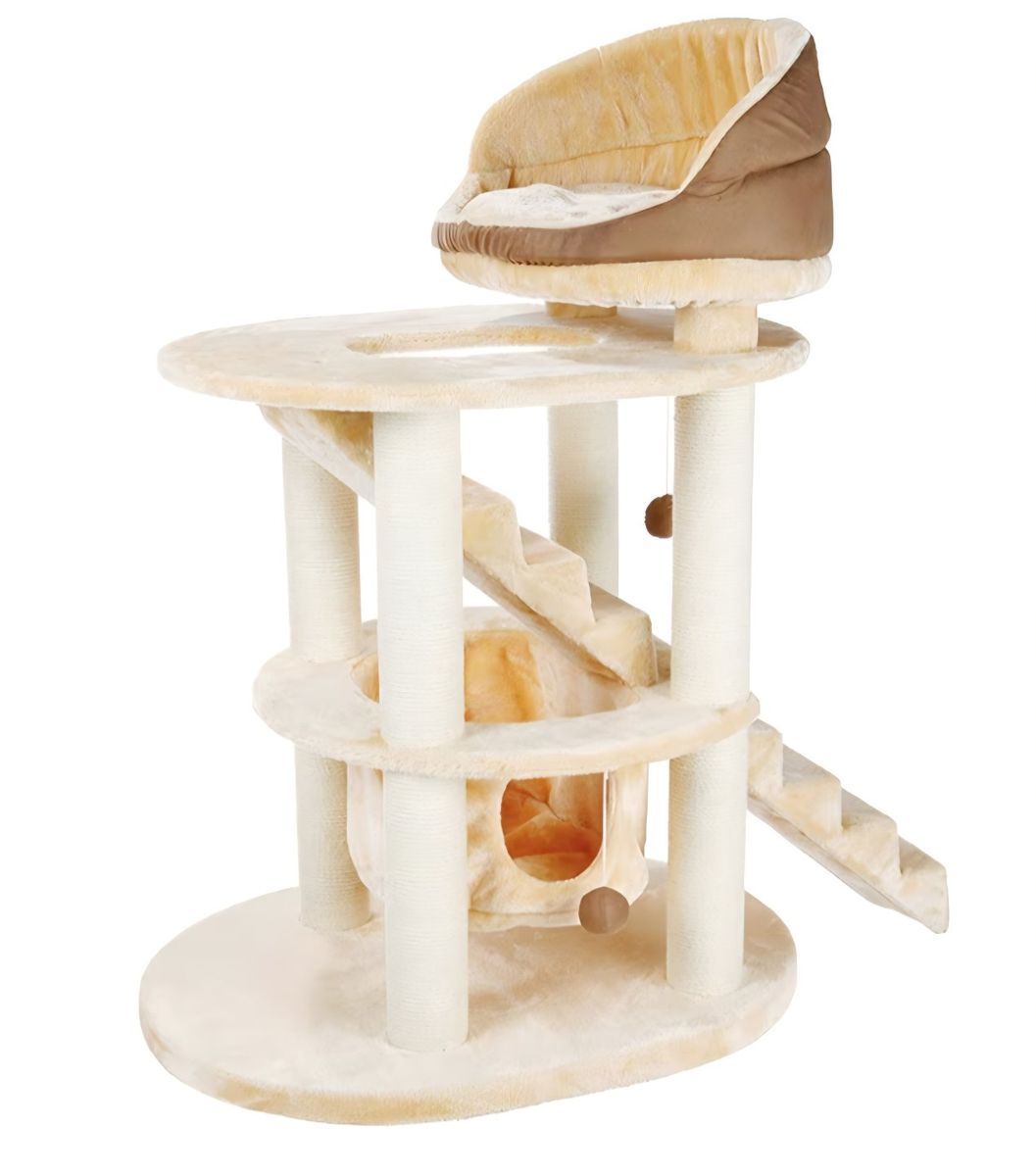 TRIXIE Elsa Senior Cat Tower with Scratching Posts, Hammock, Stairs, Top Platform Bed, Dangling Pom-Pom Beige