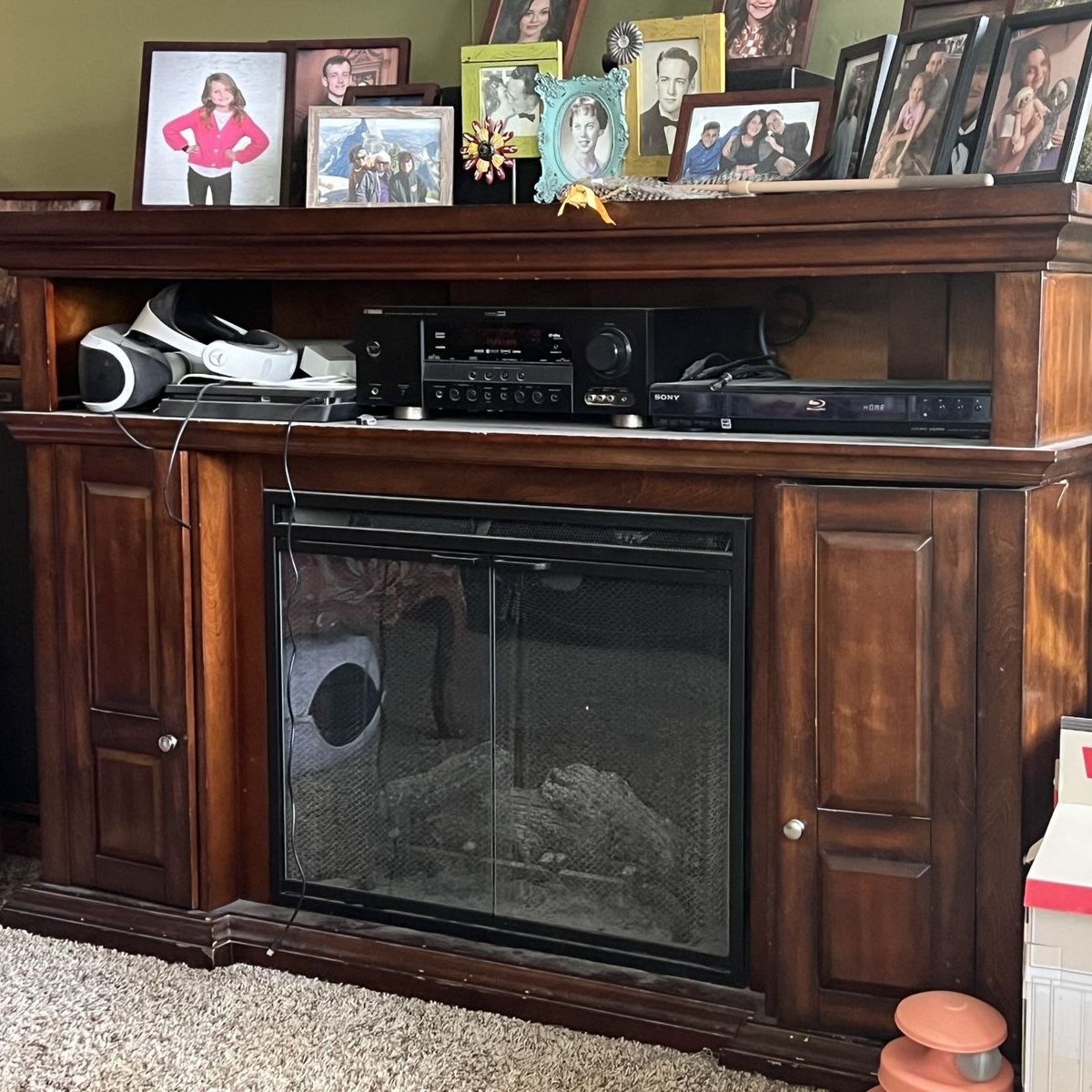 Dark Wood Entertainment Center with Electric Fireplace - Media Console TV Stand