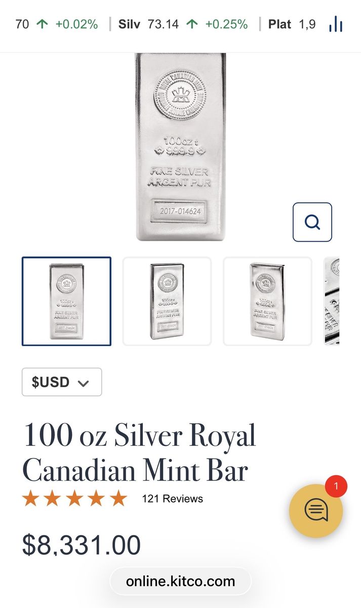 100oz Royal Canadian Silver bar
