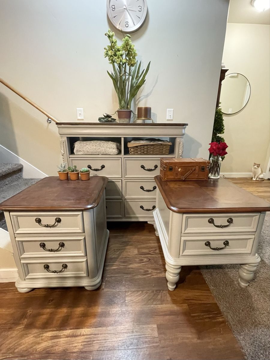 French country vintage dresser & two nightstand bedroom set