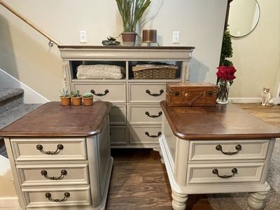 French country vintage dresser & two nightstand bedroom set