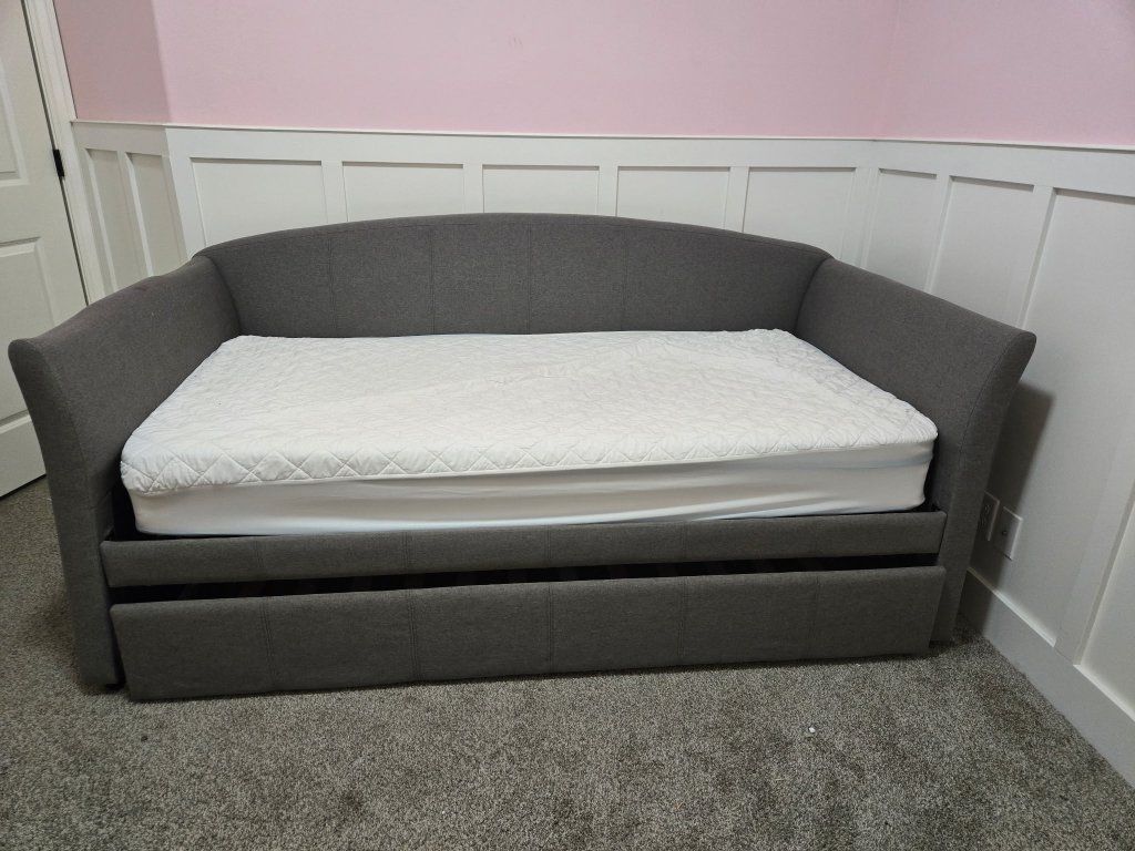 Gray Upholstered Daybed with Trundle - Space-Saving Guest Bed/Sofa