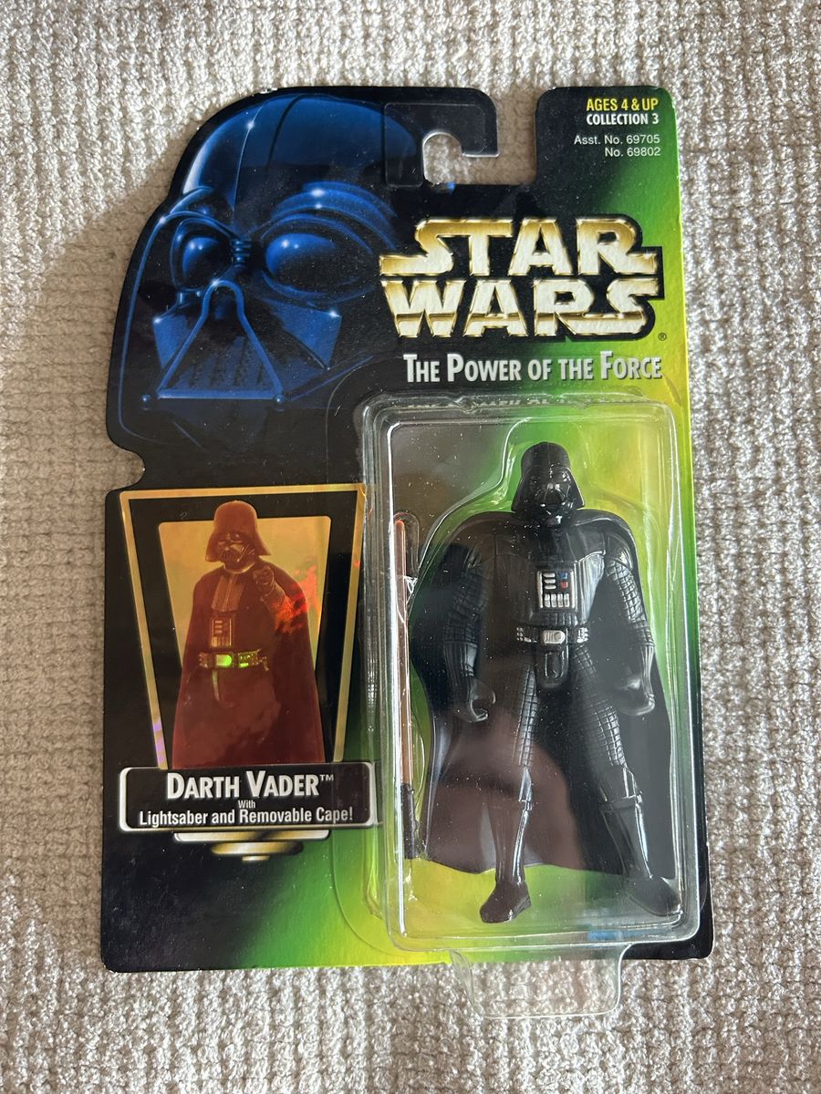 90’s Star Wars The Power of the Force Darth Vader Action Figure with Lightsaber & Removable Cape Holographic Green Card Sticker