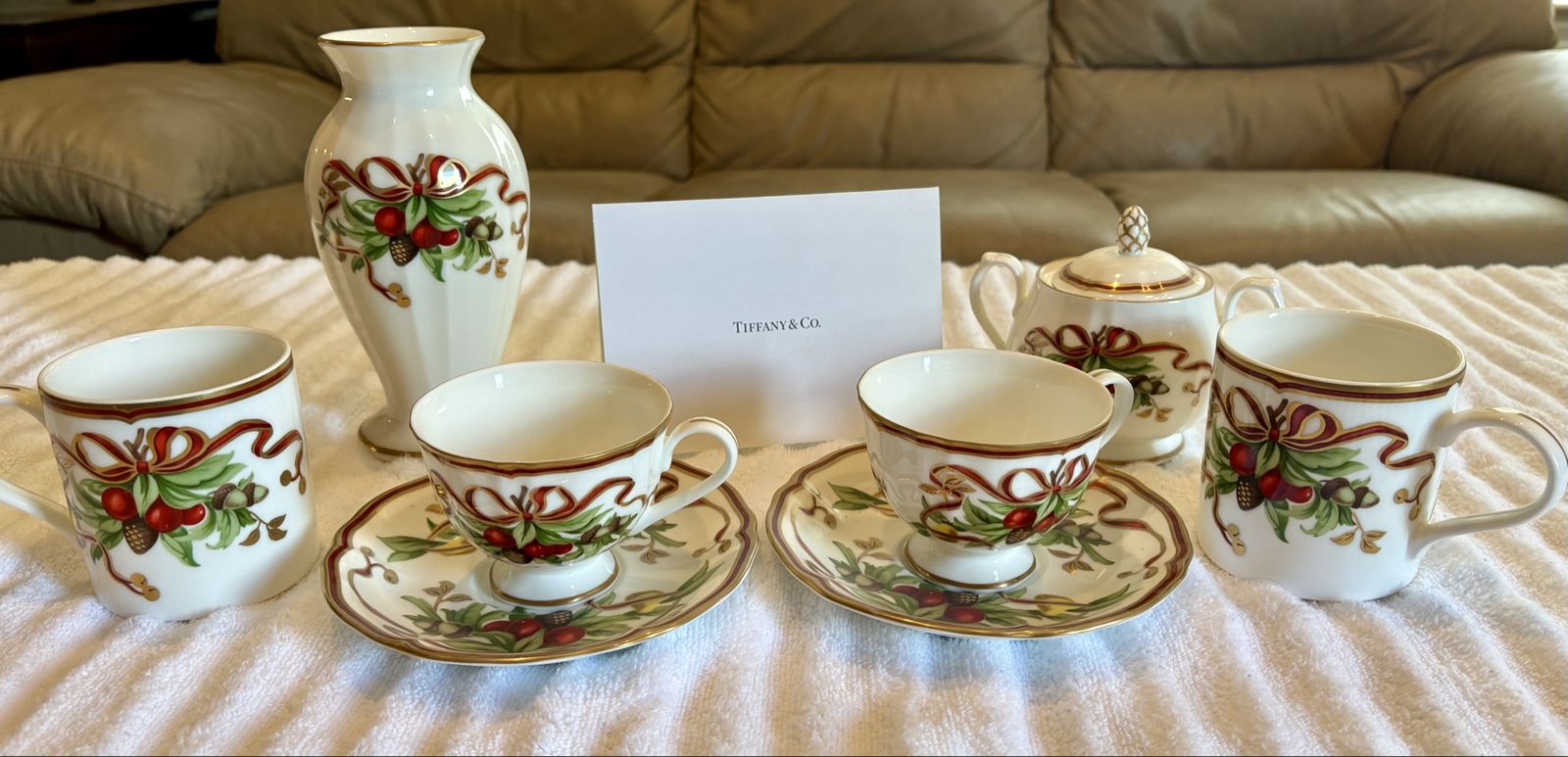 Tiffany & Co. Holly & Berry Holiday Teacups, Saucers, Mugs, Sugar Bowl, Vase Set
